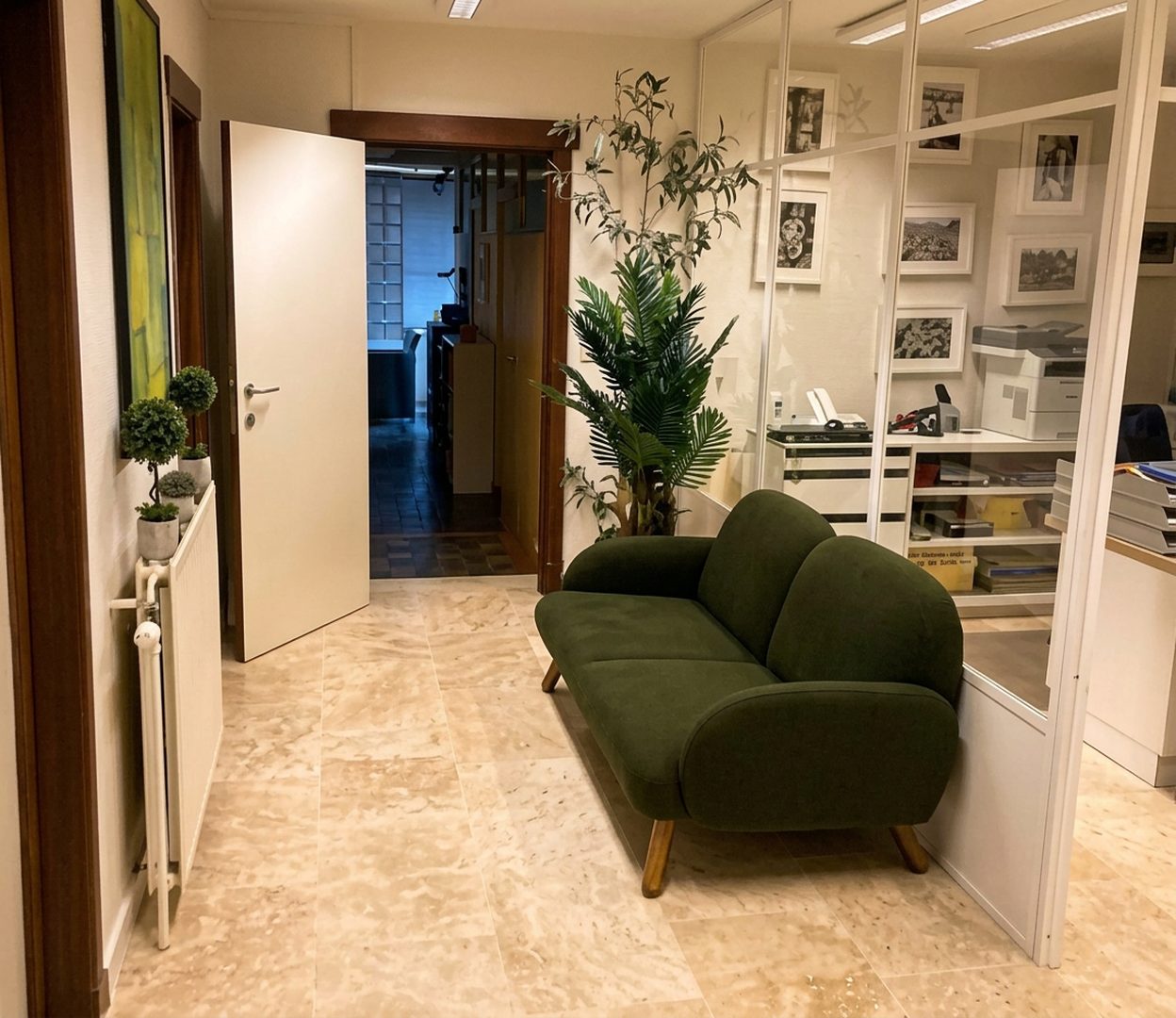 De ontvangstgang van het kantoor, de Selliers de Moranvillelaan 86 in Sint-Agatha-Berchem, met de groene fluwelen bank