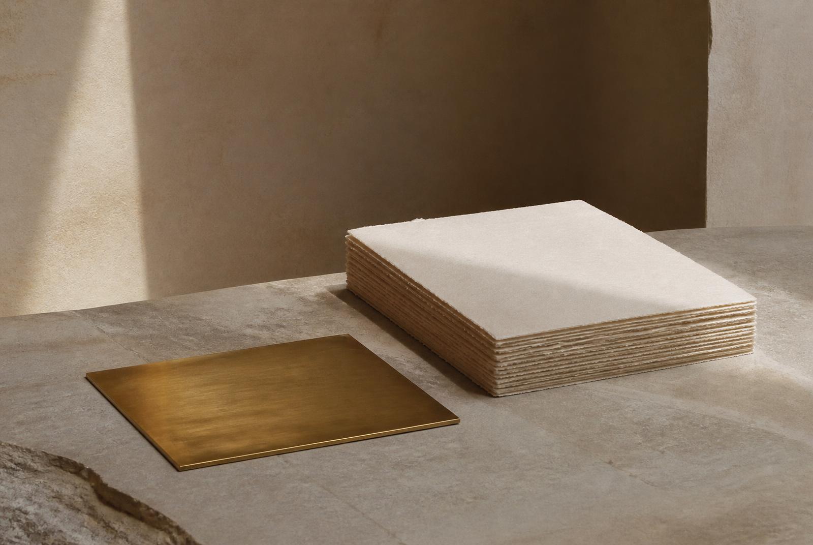 Feuilles de papier et plaque de laiton posées sur une pierre claire, lumière de fenêtre